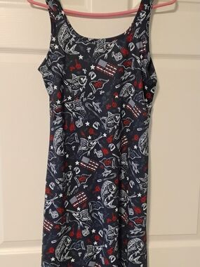 Navy Sleeveless Graphic Tank Dress with Red & White Accents